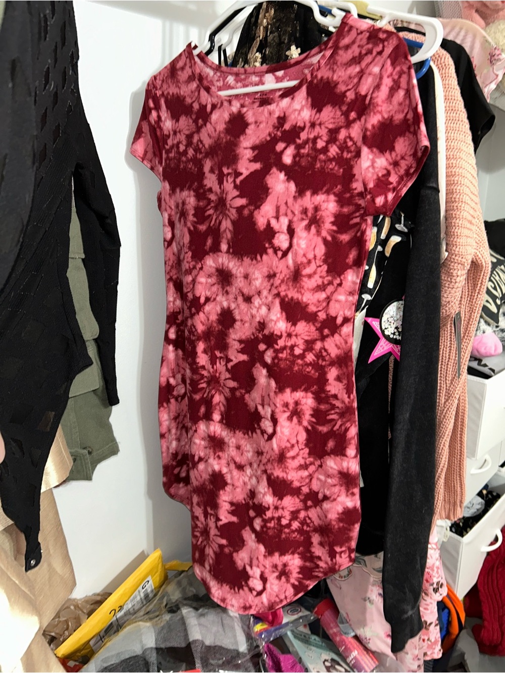 Burgundy and Pink Tie-Dye Short Sleeve dress